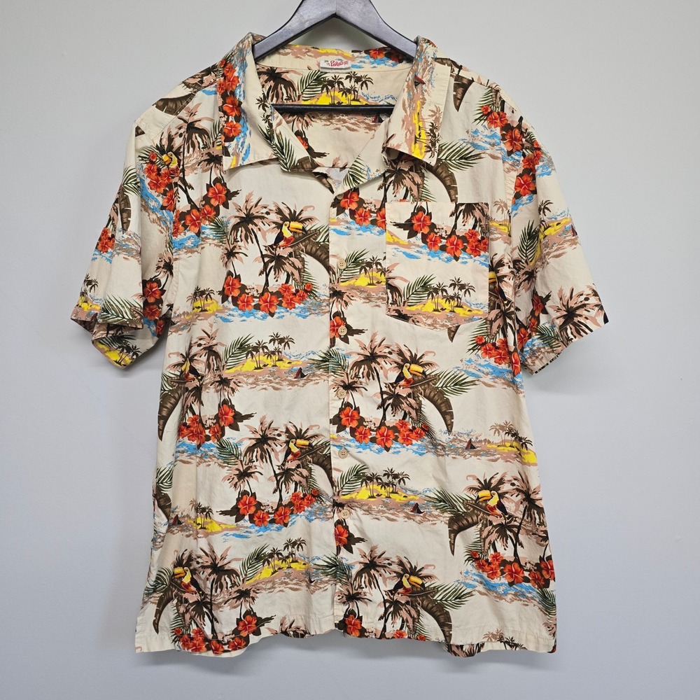 Barefoot in Paradise Hawaiian Shirt Mens XL Tan Toucan Tropical Print Aloha Boho